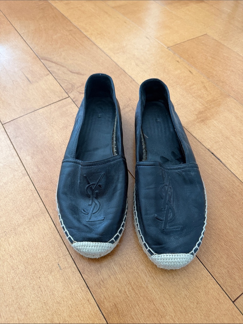 Yves Saint Laurent Black Leather Espadrille Flats with Natural Jute Toecaps
